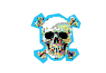 Pixelated Glitch Skull and Crossbones. 8 bit. Game development, mobile app. Isolated vector illustration.