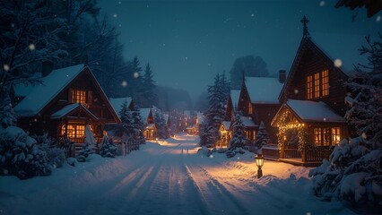 snowy christmas village soft falling snow magical winter night in dreamy atmosphere