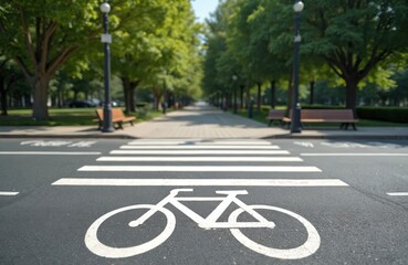 Obraz premium Empty bike lane and pedestrian crossing marked on asphalt road. Benches and trees line a park walkway stretching into distance. City street offers safe transit.