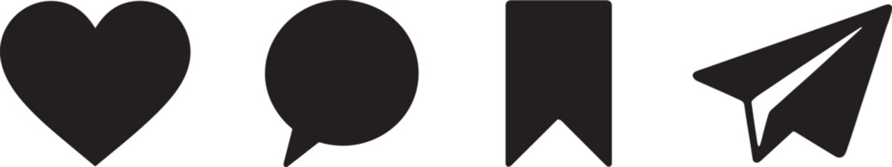 Like, comment, save and share icon set in clean silhouette style for social media design use.