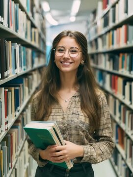 Smiling young woman with glasses holding books in library aisle, student or reader in academic setting