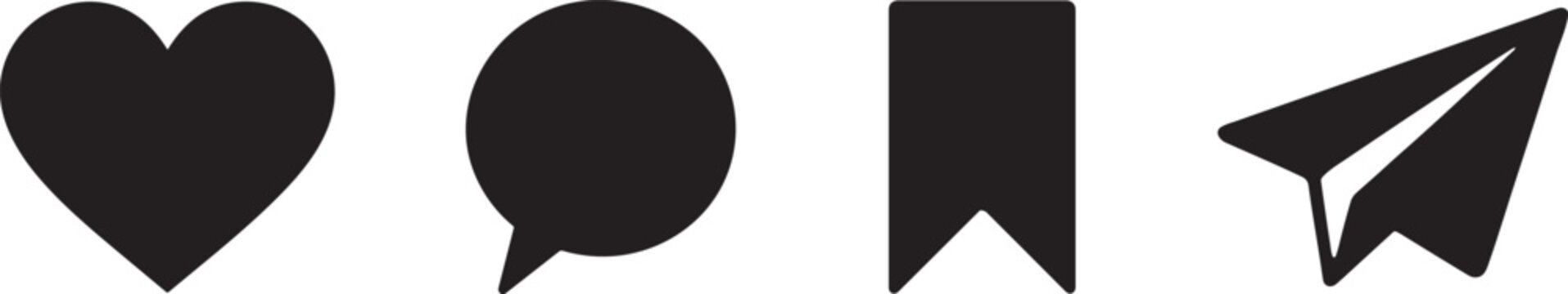 Like, comment, save and share icon set in clean silhouette style for social media design use.