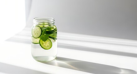 A simple glass jar filled with cucumber infused water is placed on a clean white surface, with shadows softly cast by bright diffused lighting