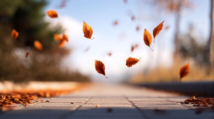 Autumn leaves blowing and falling on a paved sidewalk, showing seasonal transition and cool crisp weather. Blow