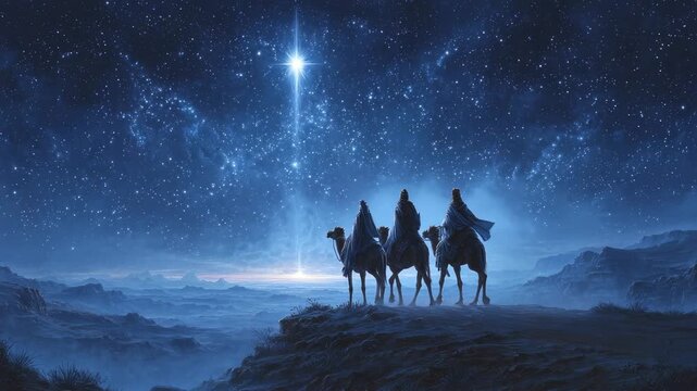 Three wise men on camels following bright Bethlehem star under night sky, nativity Christmas journey scene