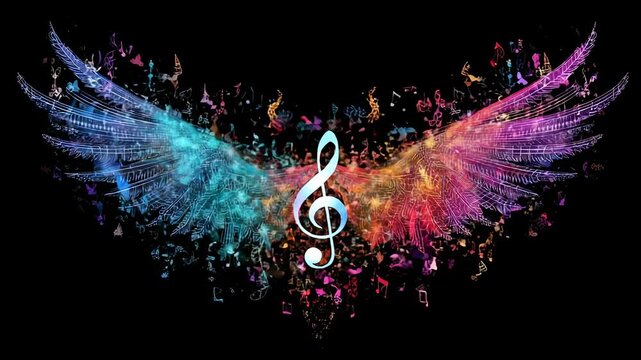 Colorful music wings with treble clef and splashes on black background, creative abstract sound symbol