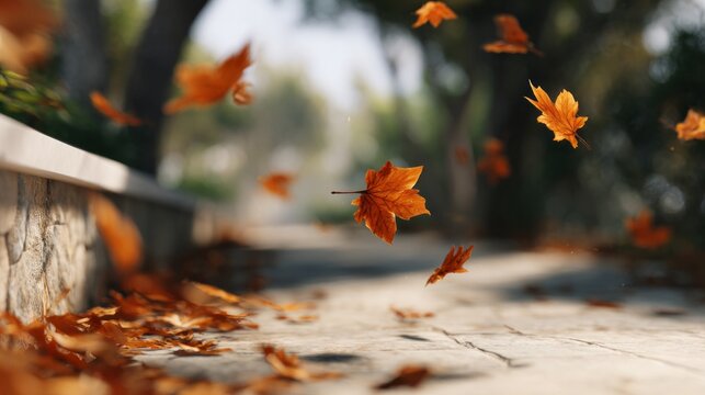 Orange autumn maple leaves blowing in wind across path, falling foliage creating seasonal natural motion. Blow - Powered by Adobe