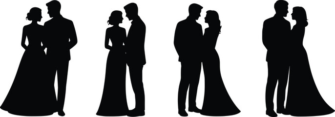 Couple silhouette vector, romantic pose icons, wedding clipart set, love design elements, formal attire illustration, cad drawing flat vector illustration