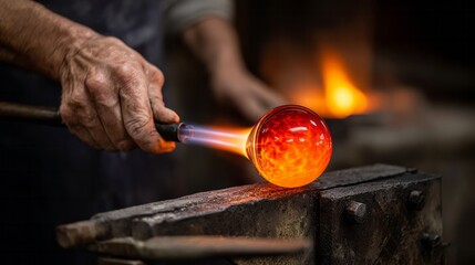Artisan glassblower shaping molten glass using a blowtorch, skill and craft creating a beautiful glowing object in a workshop. Blow