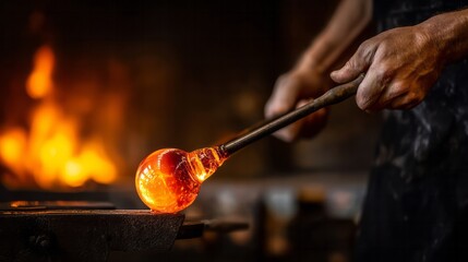 Glassblower shaping molten glass into an artistic creation using a blowpipe in a hot workshop environment. Blow