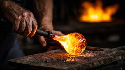 Artisan hands shaping molten glass into a unique artistic piece through traditional glassblowing techniques. Blow