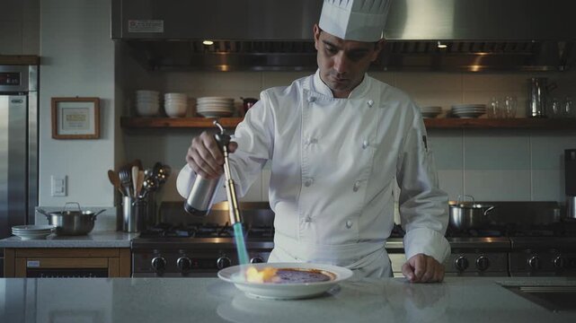 Male chef caramelizing a dessert with a cooking torch in a commercial kitchen for culinary arts concept