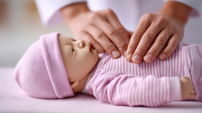 First aid hands demonstrating infant cpr chest compressions on a baby training doll, learning first aid lifesaving skills