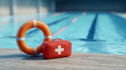 First aid first aid kit and lifebuoy by a swimming pool, showing water safety and emergency preparedness