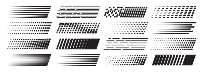 Collection of different dynamic speed lines. Design of racing stripes and car decals for racing and motorsport. Striped dotted and checkered lines. Vector illustration 