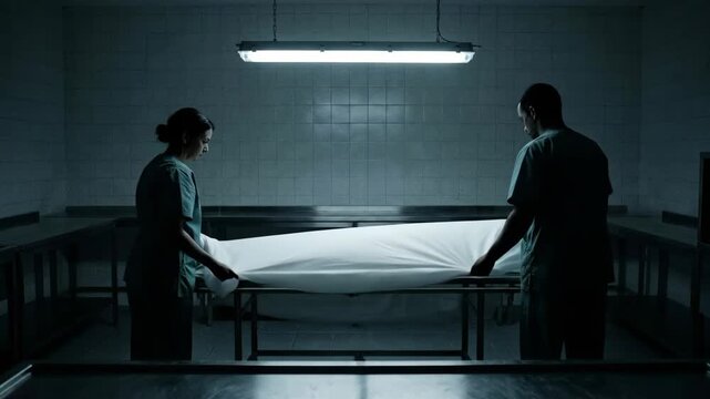Two medical examiners, a man and a woman in scrubs, are covering a deceased person with a white sheet on a metal gurney inside a somber, clinical morgue room