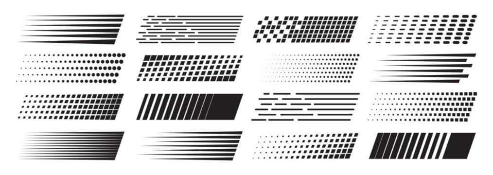 Collection of different dynamic speed lines. Design of racing stripes and car decals for racing and motorsport. Striped dotted and checkered lines. Vector illustration 