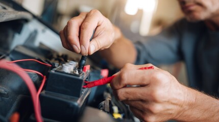 A close-up of a mechanic, male, working on a car battery using multimeter probes with a focused expression in a garage setting.