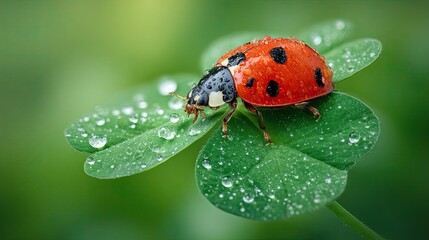 Ladybug walking on green clover leaf covered in water drops, macro photo of insect in fresh morning nature