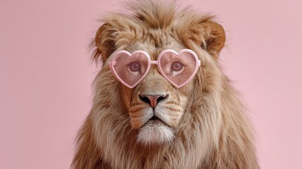 Lion wearing pink heart shaped sunglasses on pastel background, funny animal portrait with stylish twist