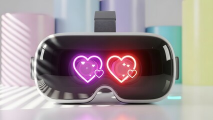 Virtual reality headset displays glowing heart shapes for romance and love