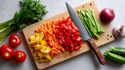 A vibrant assortment of freshly chopped vegetables, including bell peppers, carrots, and onions, prepared on a wooden cutting board.