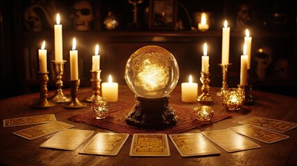 Golden crystal ball glowing among candles and tarot cards on mystical wooden table for fortune telling