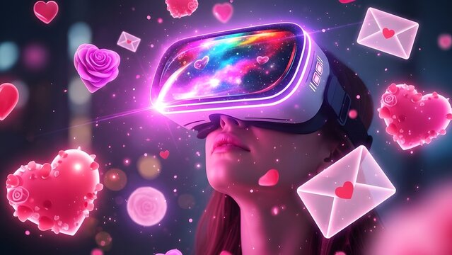 Woman experiencing virtual reality with hearts and love letters floating around her - Powered by Adobe