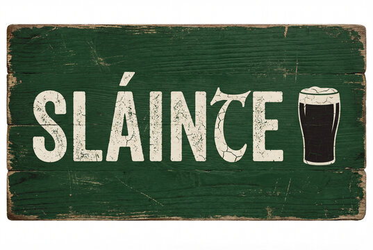 Vintage green sign with the Irish toast 'Sl&aacute;inte' and a pint of stout beer. Rustic, weathered texture perfect for a pub or St. Patrick's Day.