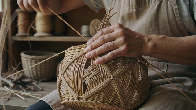 Woman hand weaving traditional wicker basket. Artisan working on handicraft product. Traditional art.
