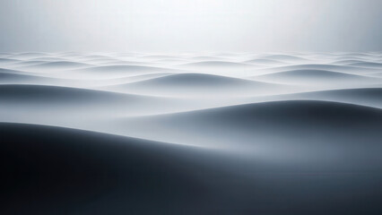 Abstract minimalist landscape of soft undulating waves, smooth grayscale gradients, and atmospheric light. Serene, elegant background.