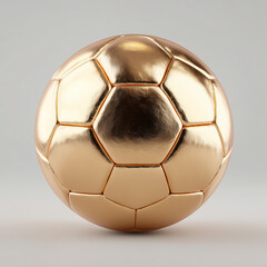 Shiny golden soccer ball with hexagonal panels on a light gray background showcasing its reflective surface