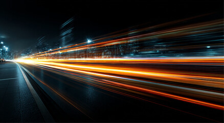 Abstract speed of light background with color streaks in futuristic city scape view. Dynamic high motion highway at night with digital wireframe effects luminous trails. Vector illustration.