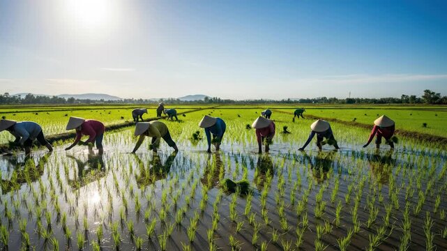 Rice Planting Season - Farmers Working in Paddy Field Under Blue Sky.