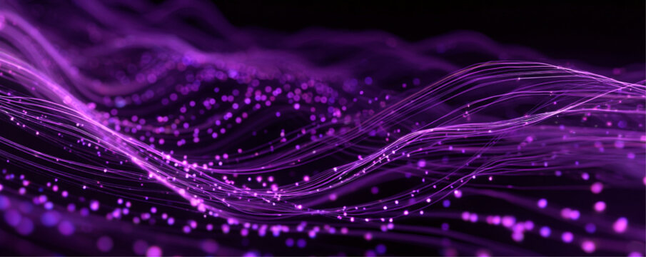 Digital technology abstracts background with glowing blue wave pattern, dynamic dots creating futuristic. 3D glowing purple grid wavy flowing. Neon speed line surrounded by glowing vector light trails