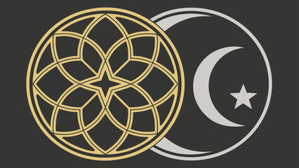 Intertwined geometric pattern and islamic crescent moon symbol