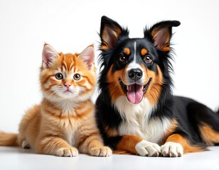 Fototapeta premium Kitten and dog sit together looking at camera. Ginger cat and australian shepherd best friends pose on white background. Pets show affection and bond.