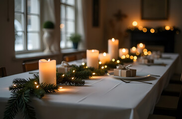 Cozy Christmas dinner table with candles and fir garland in elegant interior