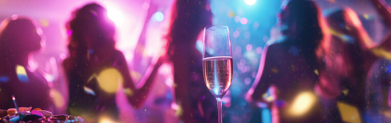 Party atmosphere with a focus on a champagne glass and dancing people celebrating in a colorful setting