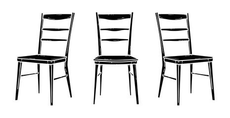 Traditional wooden ladder back chairs isolated on white. Sketch style furniture set for dining room or rustic interior - vector illustration © KR Studio