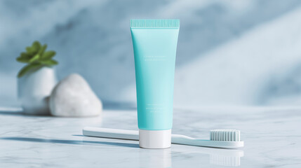 Tube of toothpaste stands vertically on a clean marble surface next to a toothbrush, giving a feeling of freshness and hygiene