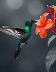 Obraz premium Colorful hummingbird hovering gracefully beside bright tropical blossom high resolution image