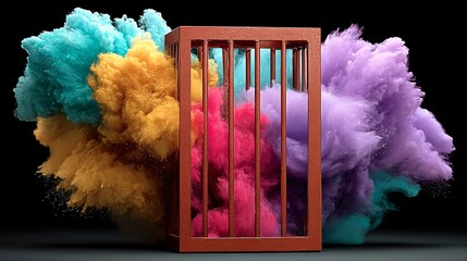 Colorful explosion of vibrant powders surrounding a red cage, creating a dynamic visual impact, symbolizing freedom and creativity in an artistic representation of confinement