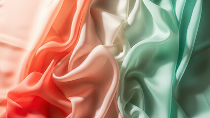 Flowing Silk Fabric Background with Vibrant Coral Orange and Mint Green Gradient &acirc;&euro;&ldquo; Elegant Draped Textile Texture