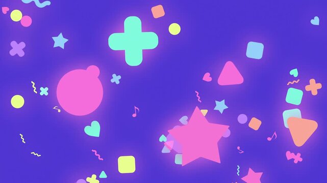 ハート・星・音符などのカラフルでハッピーなアニメーション　スローリーライジング　ループ