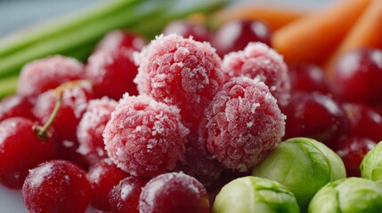 Close-up of frosted red grapes and raspberries surrounded by fresh vegetables, showcasing vibrant colors and textures.