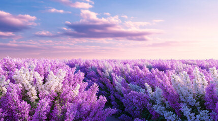 Obraz premium Vast field of purple and white blossoms under a pastel sky