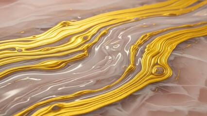 Abstract Golden Liquid Flow Art Background. Elegant Fluid Wave Pattern Texture in Gold and Pastel Tones for Luxury Design.