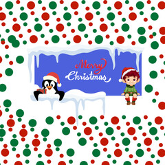 Festive Christmas Illustration with Penguin, Elf Child, and Merry Christmas Text on Icy Blue Banner