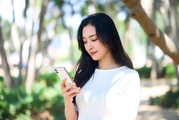 Beautiful young Asian woman using smartphone outdoors in a park.